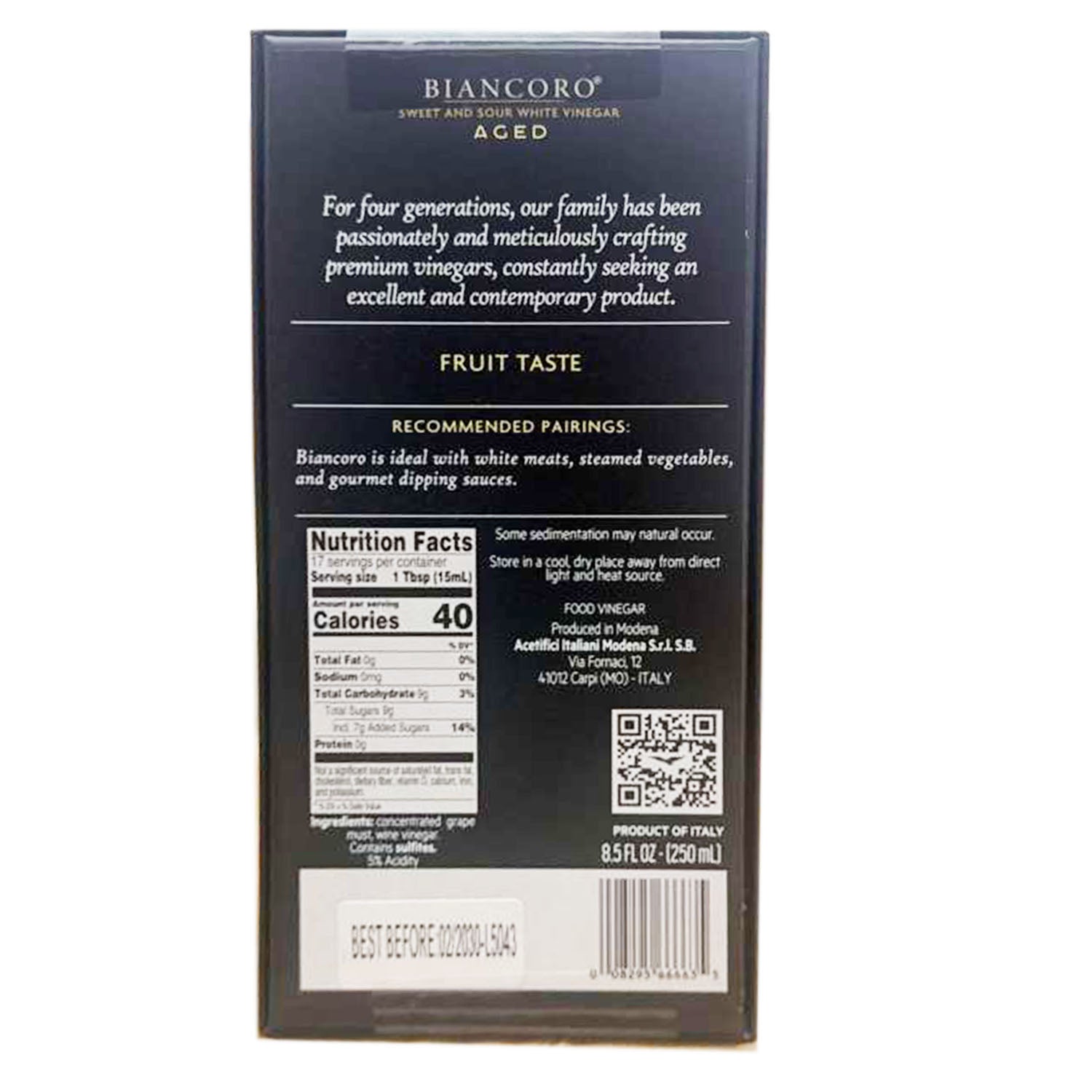 De Nigris Excellence Biancoro Sweet Wine Vinegar – 8.5 oz Bottle