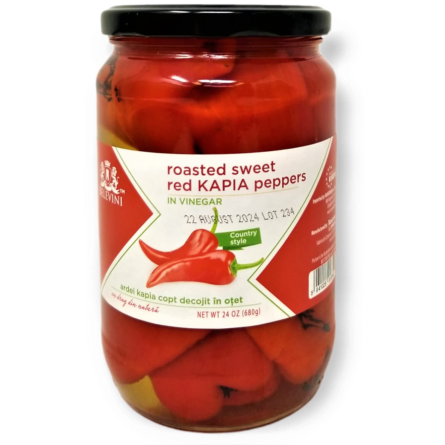 Belevini Roasted Sweet Red Kapia Peppers in Vinegar – Country Style, 24oz (680g)