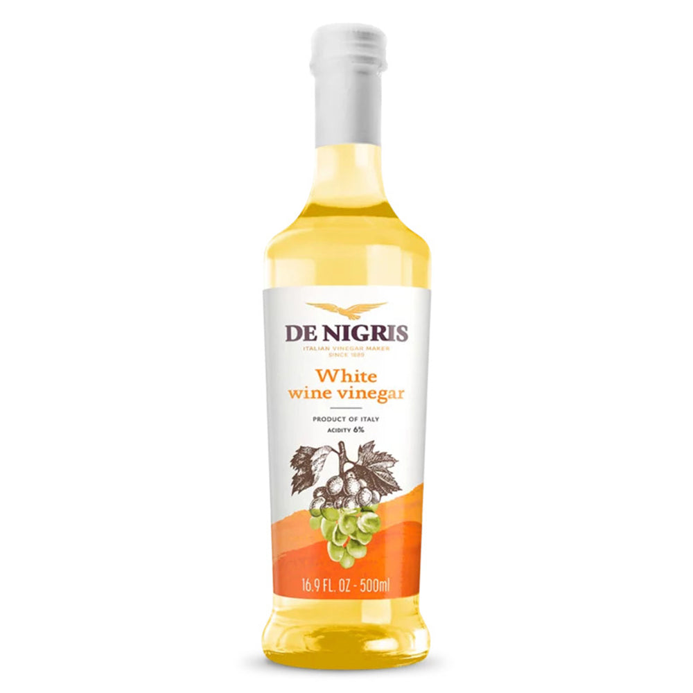 Bottle of De Nigris White Wine Vinegar on a white background