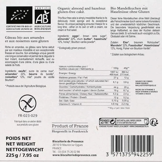 Biscuiterie de Provence Organic Hazelnut Almond Cake – Gluten-Free – 8 oz (225 g)