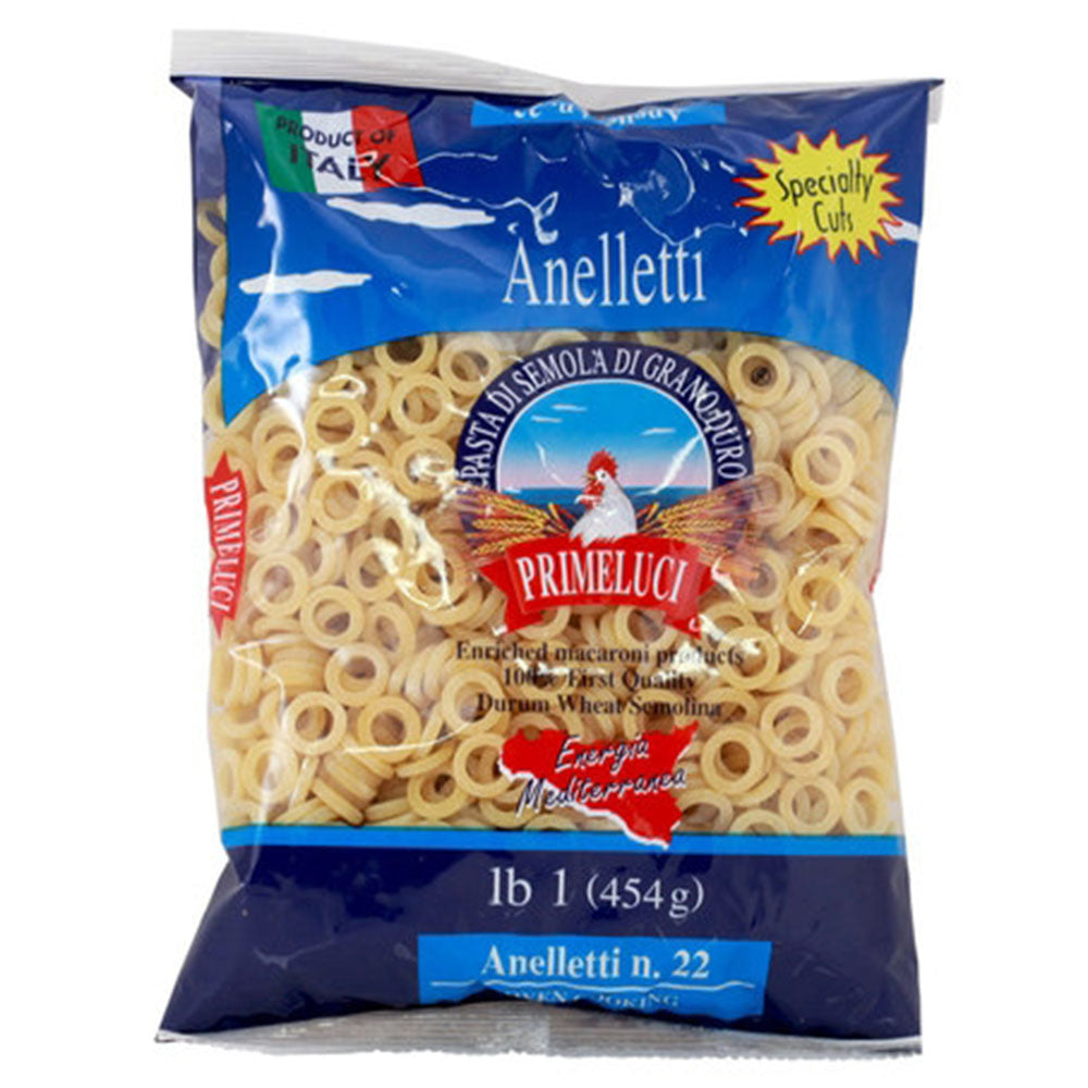 Primeluci Anelletti Pasta #22 - 1 LB Box (16 OZ) - Small Ring Pasta