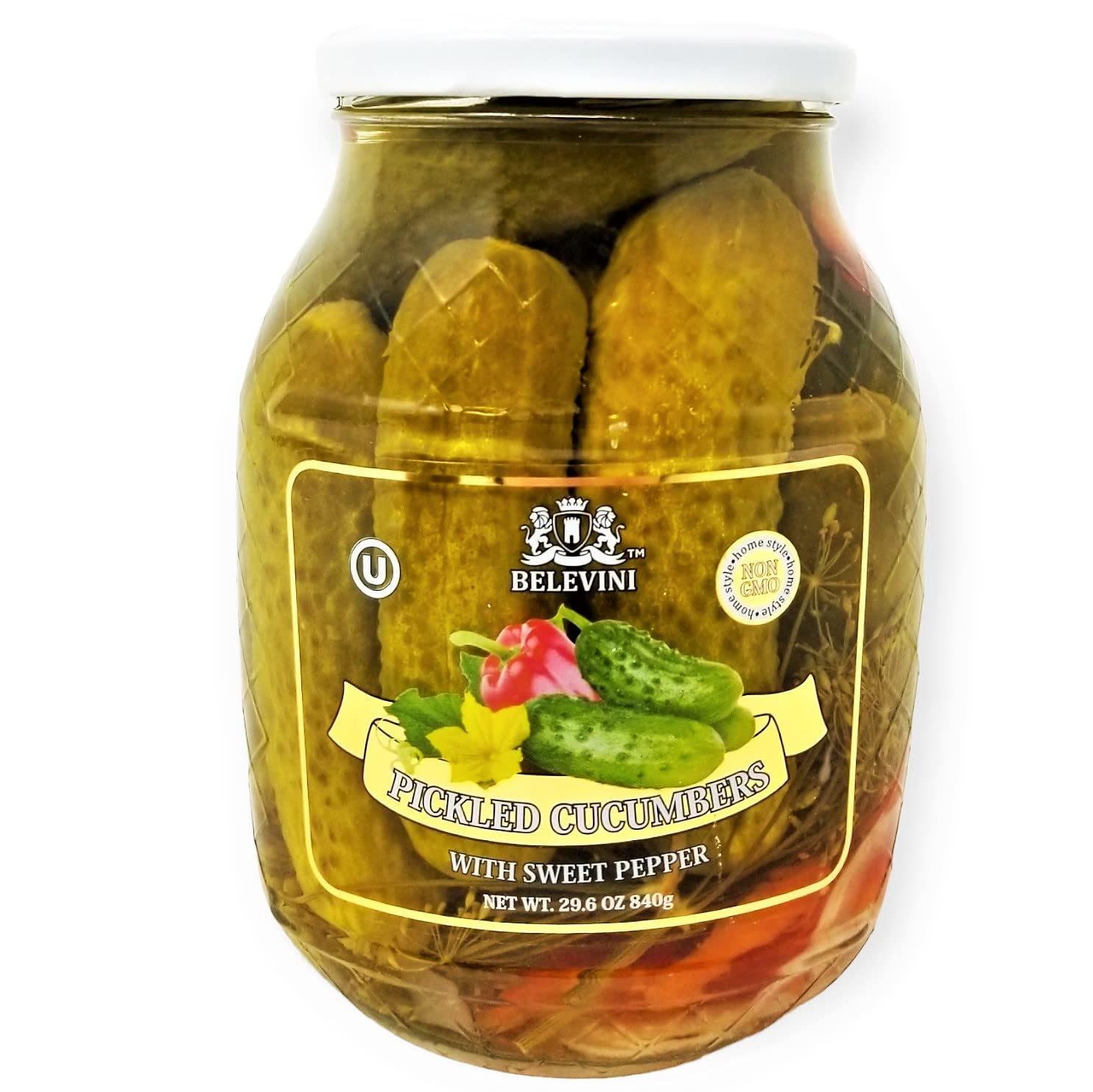 Belevini Pickled Cucumbers with Sweet Pepper – Non-GMO, Vegan, Kosher – 29.6 oz Jar