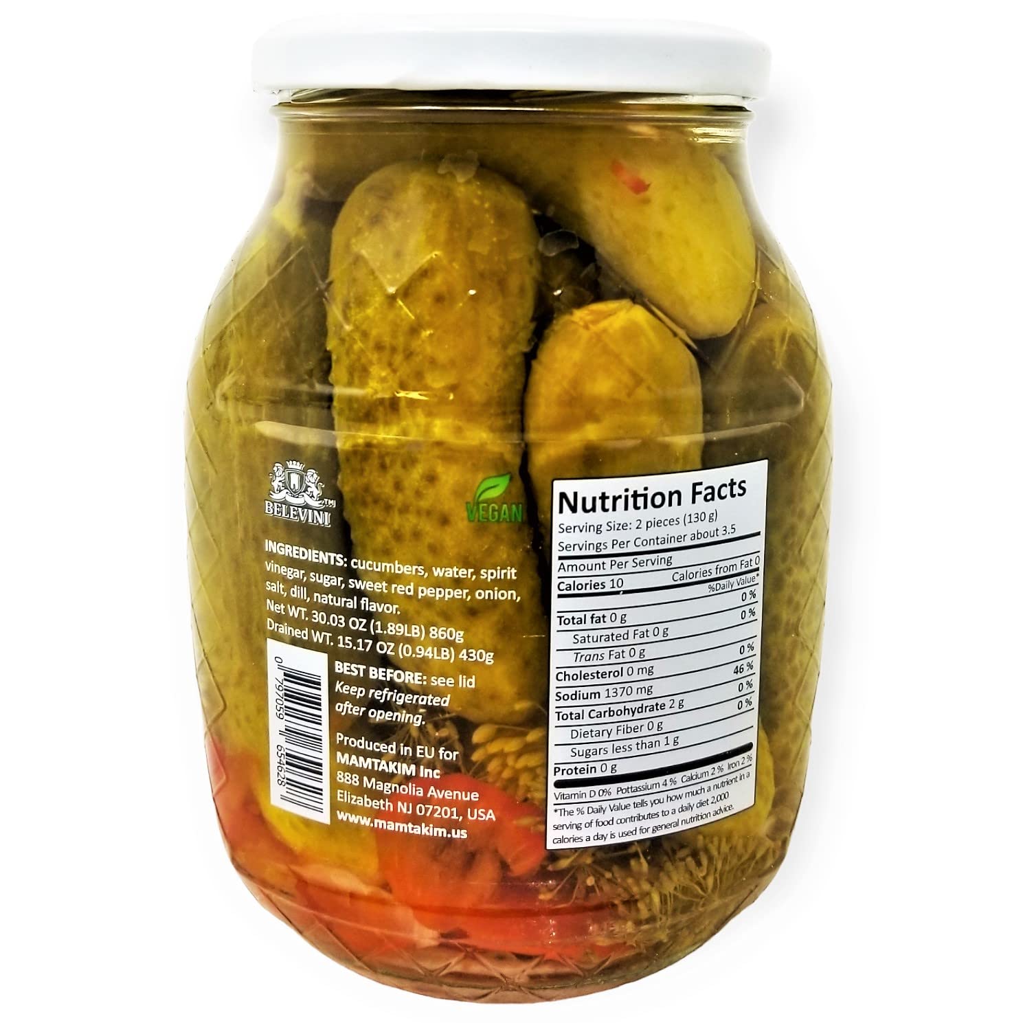 Belevini Pickled Cucumbers with Sweet Pepper – Non-GMO, Vegan, Kosher – 29.6 oz Jar