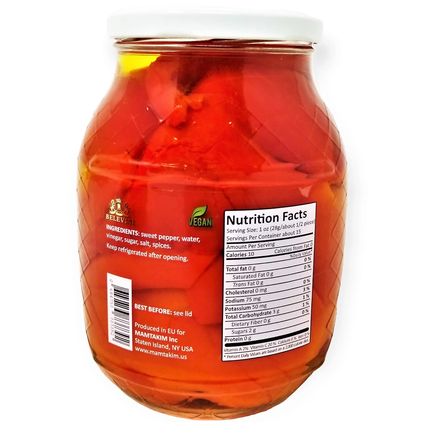 Belevini Pickled Red Sweet Peppers – Non-GMO, Vegan, Kosher – 30 oz Jar