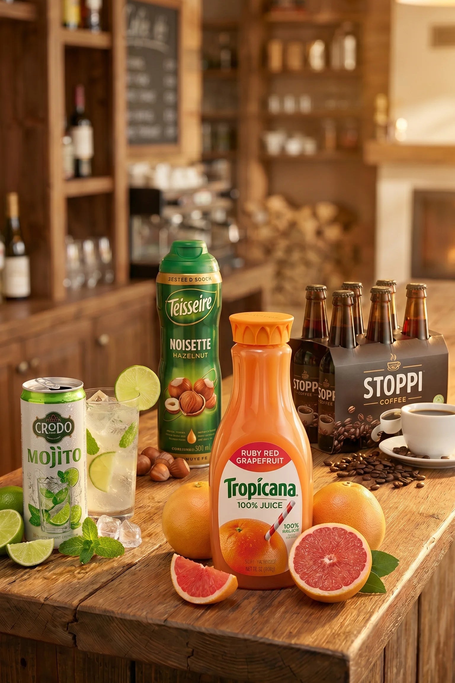 Assorted beverages including Tropicana juice and Stopfi beer on a wooden counter.
