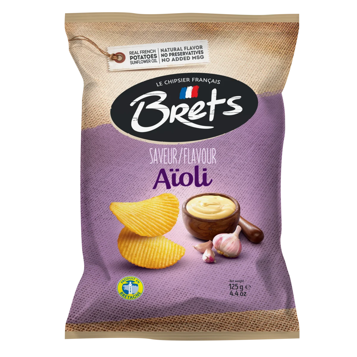 Brets Aioli Potato Chips – French Crinkle Cut Garlic & Olive Oil Flavor, 125g x 10 Pack