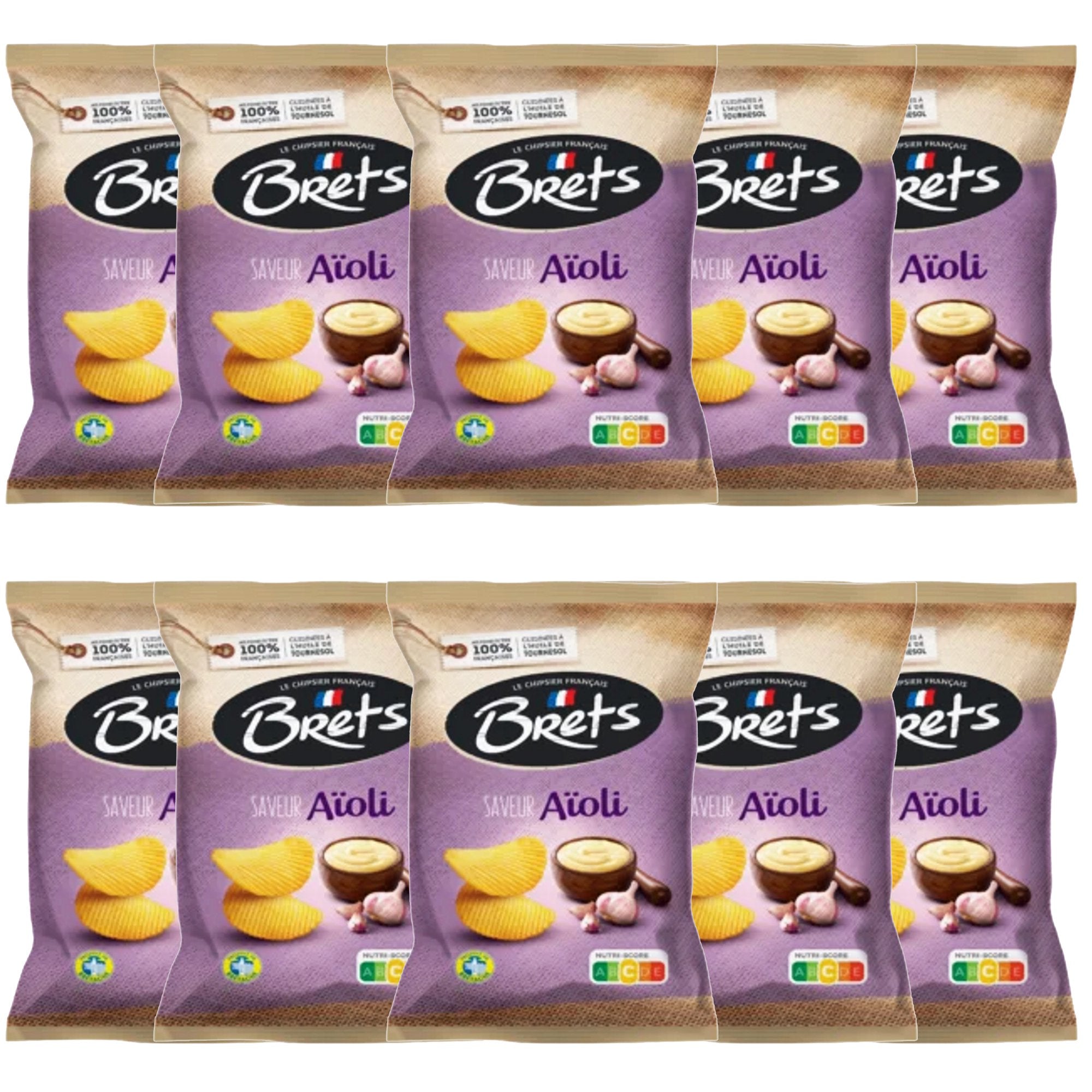 Brets Aioli Potato Chips – French Crinkle Cut Garlic & Olive Oil Flavor, 125g x 10 Pack