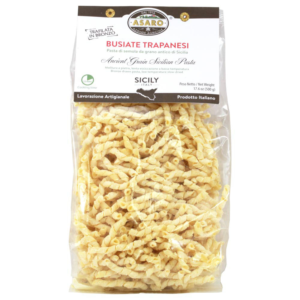 Package of Busiate Trapanesi pasta with Asaro branding on a white background
