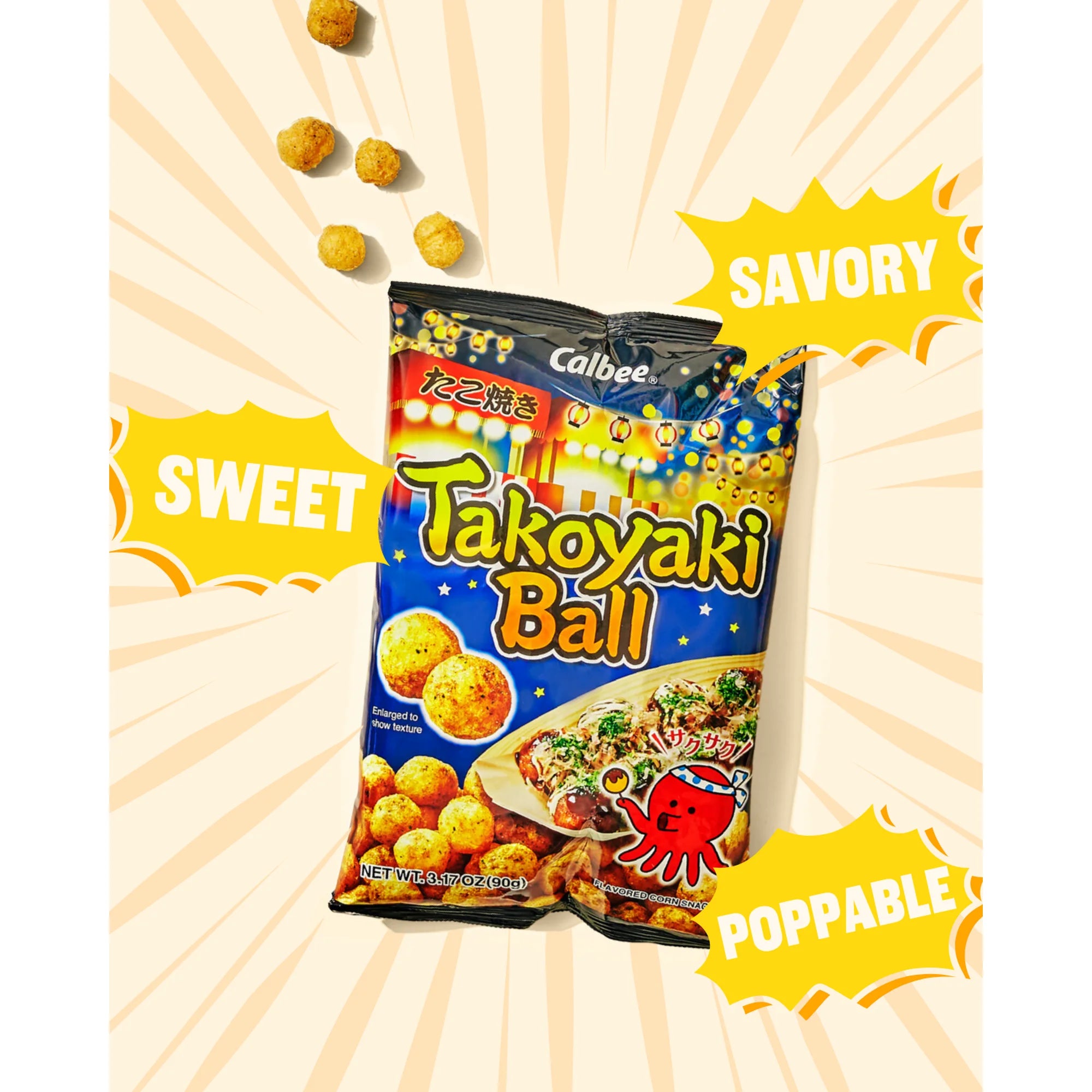Calbee Takoyaki Ball – Octopus Flavor Corn Snacks, Japanese Street Food Style, 3.17 oz