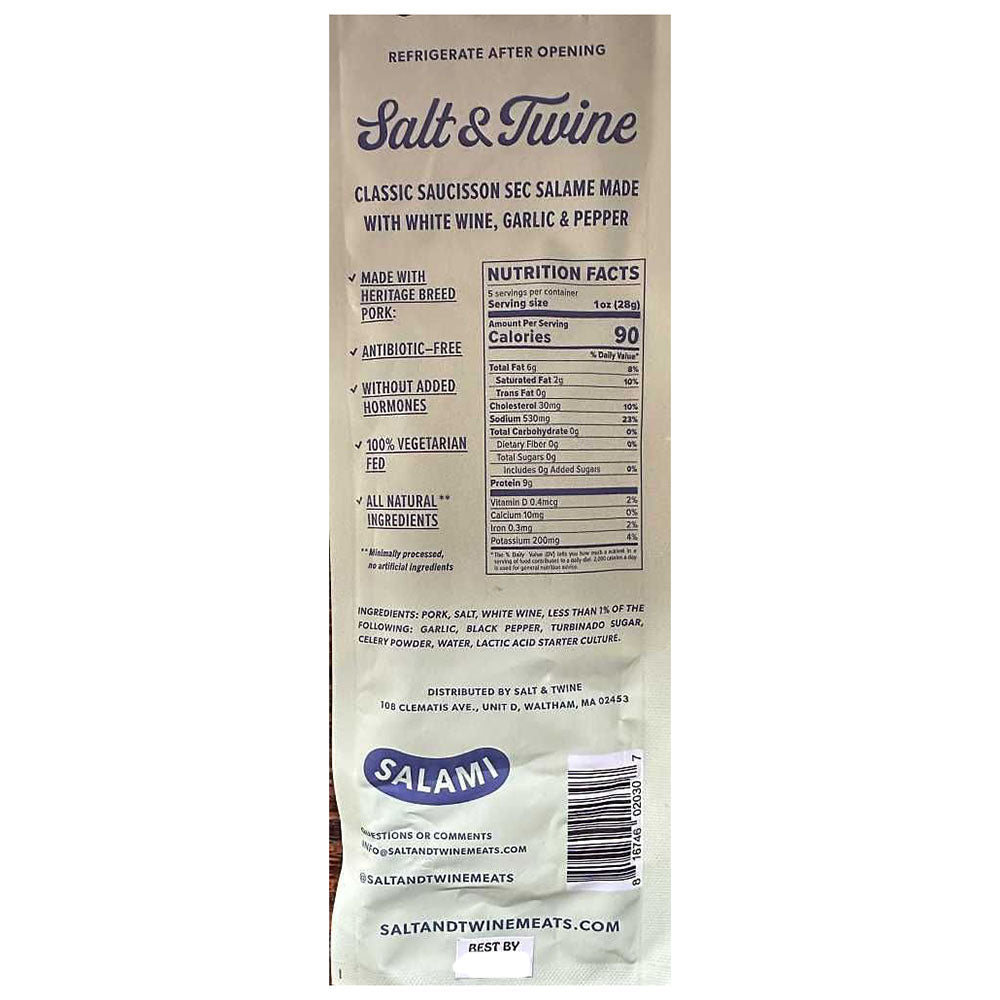 Salt & Twine Classic Bistro Salami – White Wine, Garlic & Black Pepper, 5 oz