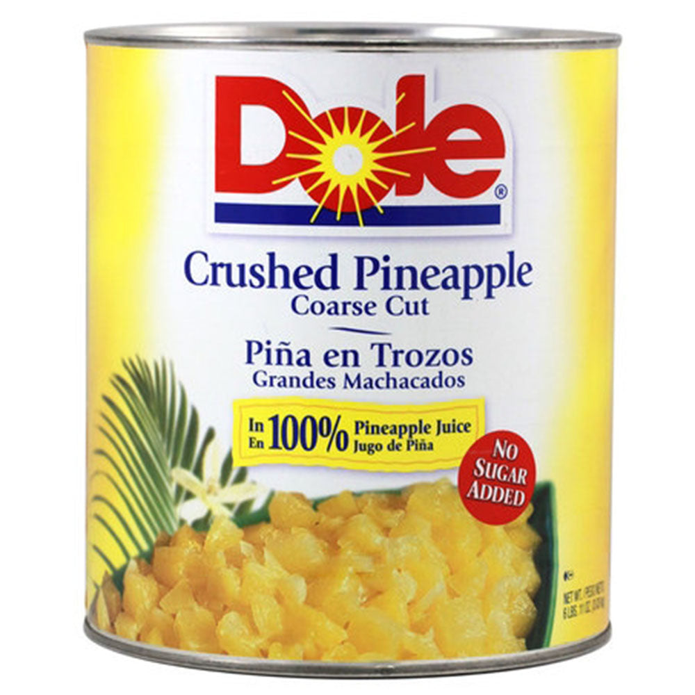 Can of Dole crushed pineapple on a white background