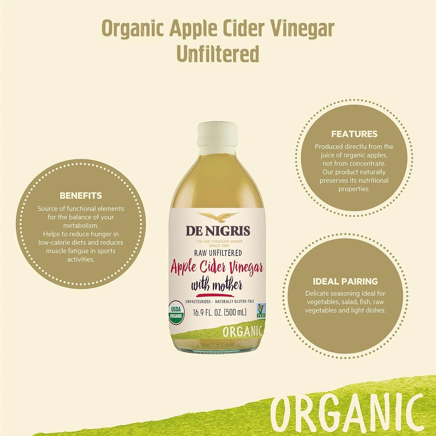 De Nigris Organic Apple Cider Vinegar with Mother – 16.9 fl oz