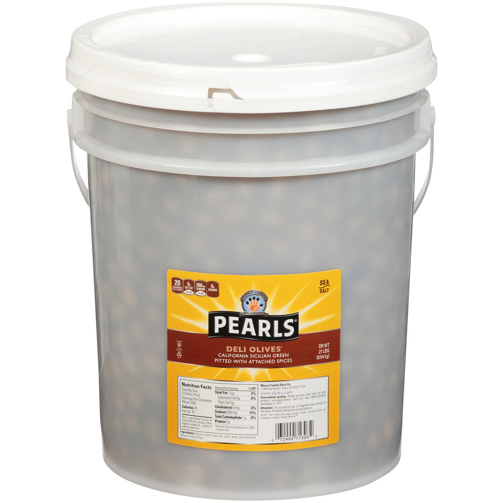 Pearls Sicilian Deli Spiced Pitted California Green Olives (21 LB)