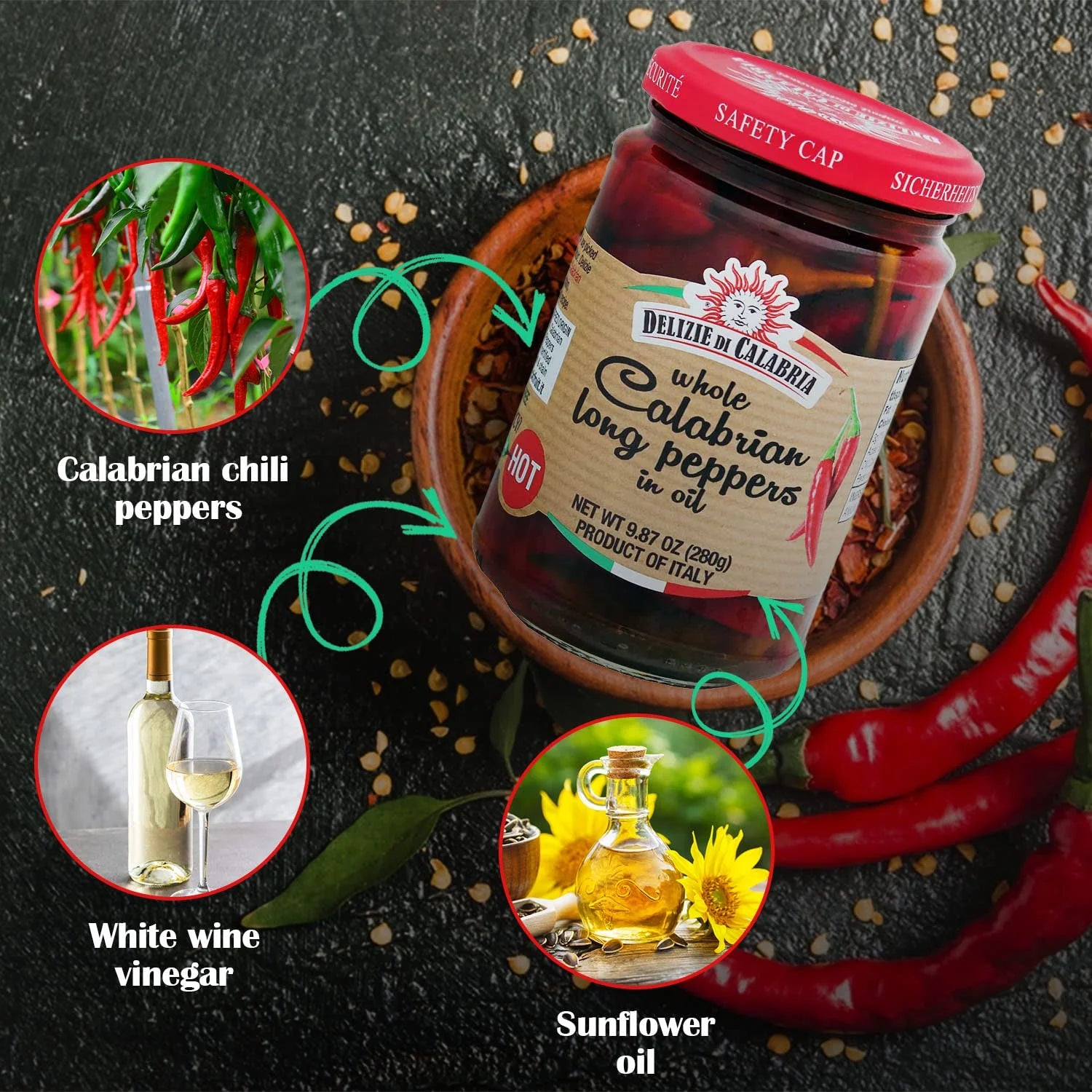 Calabrian Long Hot Peppers in Oil – 9.87 oz (Product of Italy)