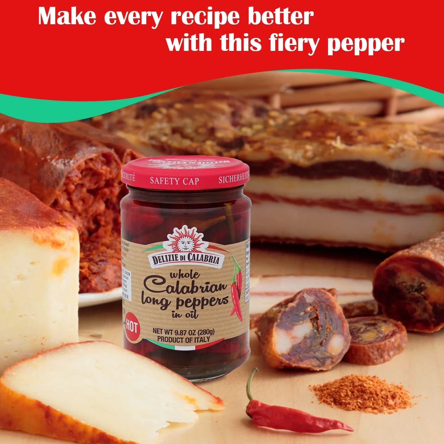 Calabrian Long Hot Peppers in Oil – 9.87 oz (Product of Italy)