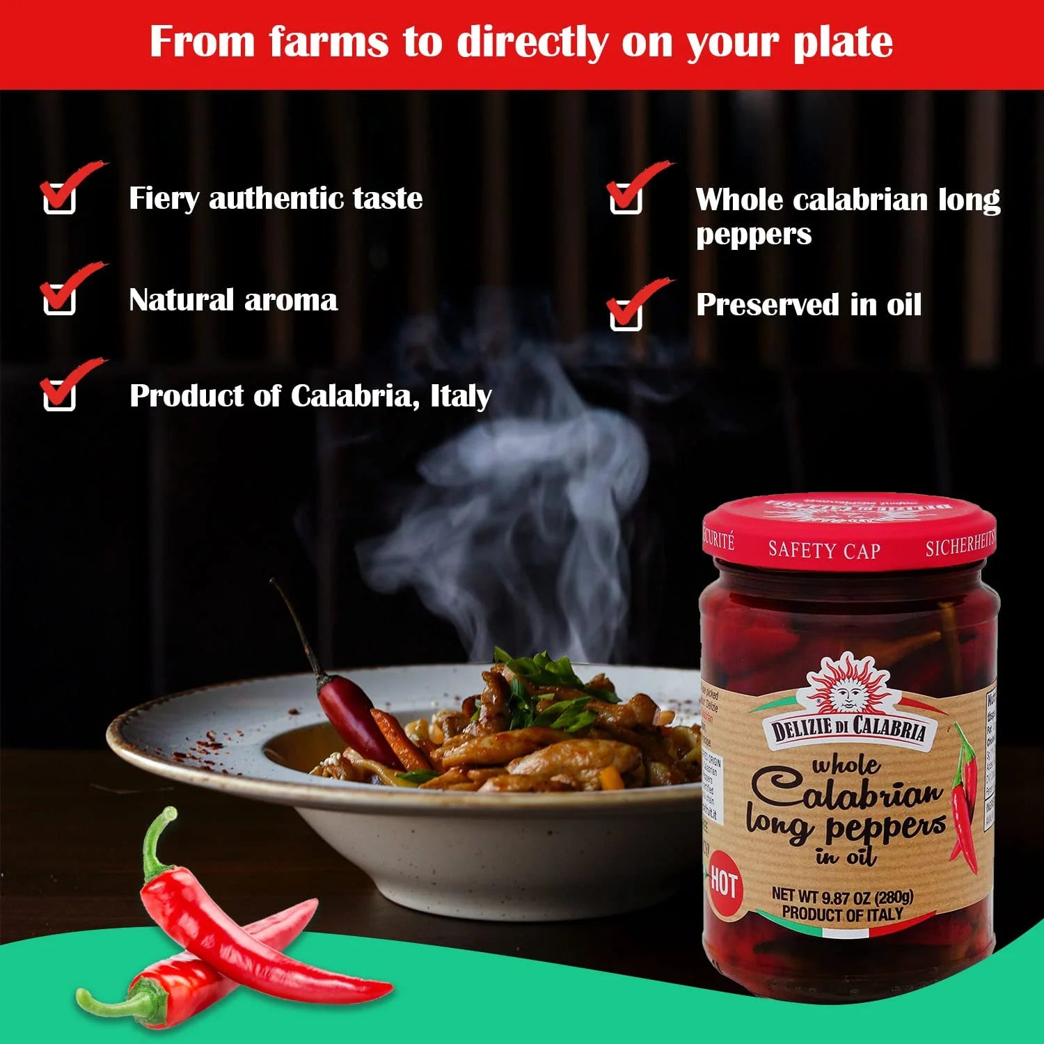 Calabrian Long Hot Peppers in Oil – 9.87 oz (Product of Italy)