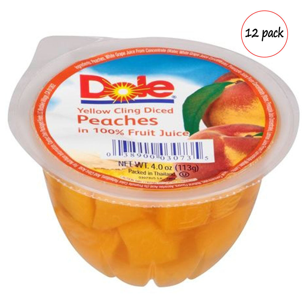 Dole yellow cling diced peaches in 100% fruit juice packaging on a white background