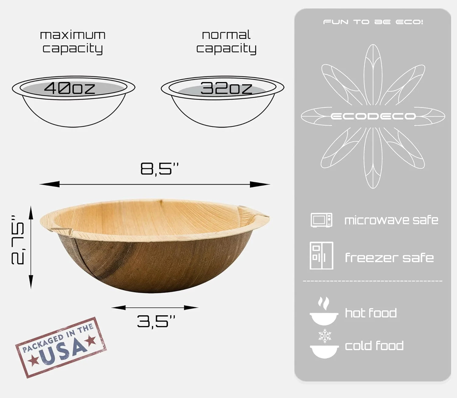 8.5-Inch Palm Leaf Serving Bowls – 10-Pack Large 40 oz Eco-Friendly Deep Disposable Plates