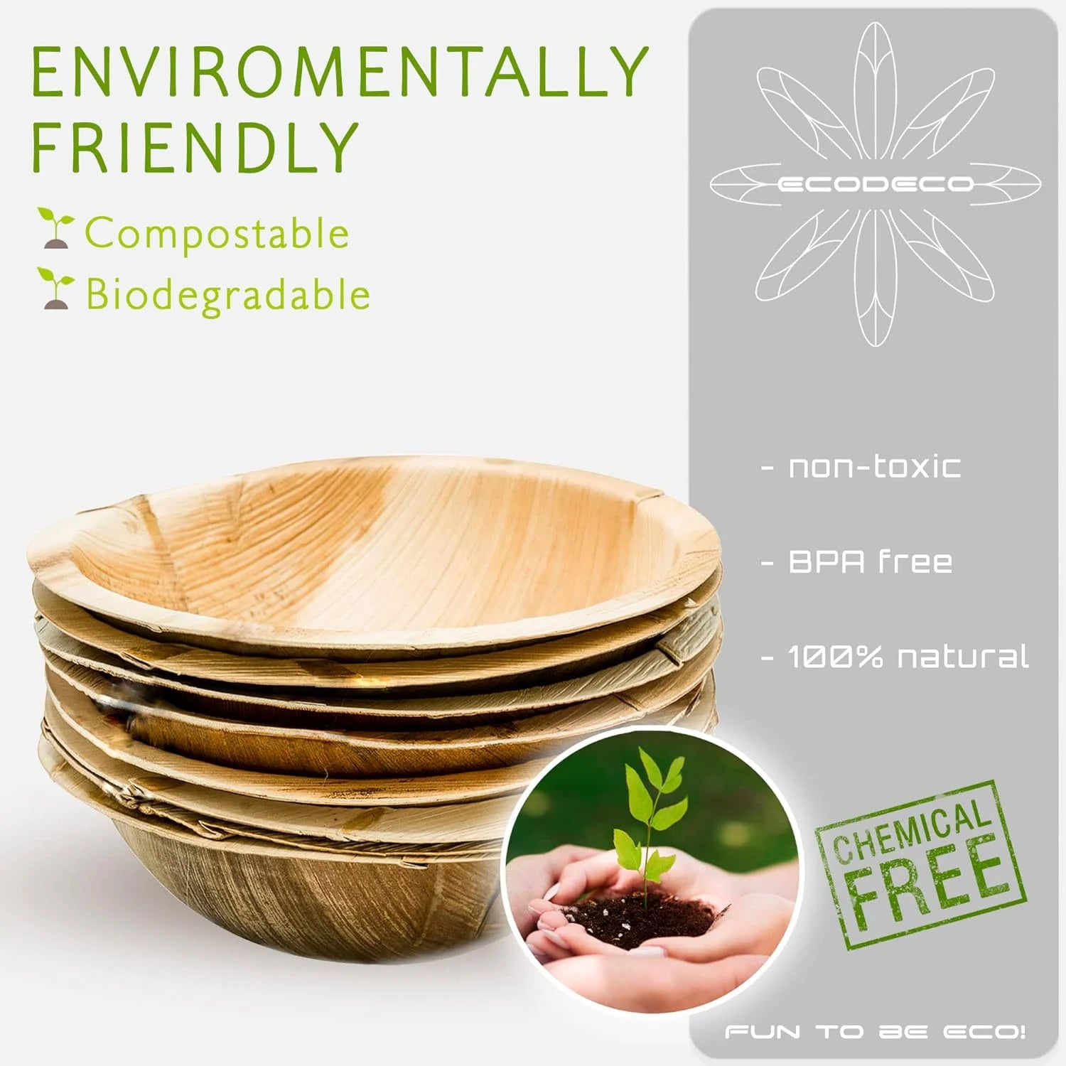 8.5-Inch Palm Leaf Serving Bowls – 10-Pack Large 40 oz Eco-Friendly Deep Disposable Plates