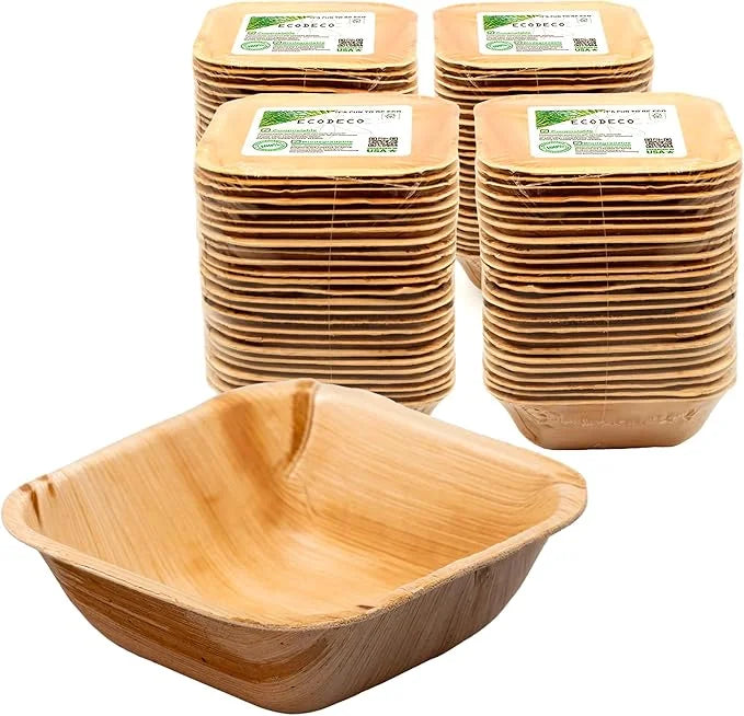 5-Inch Palm Leaf Square Bowls – 100-Pack Eco-Friendly Disposable Party Plates