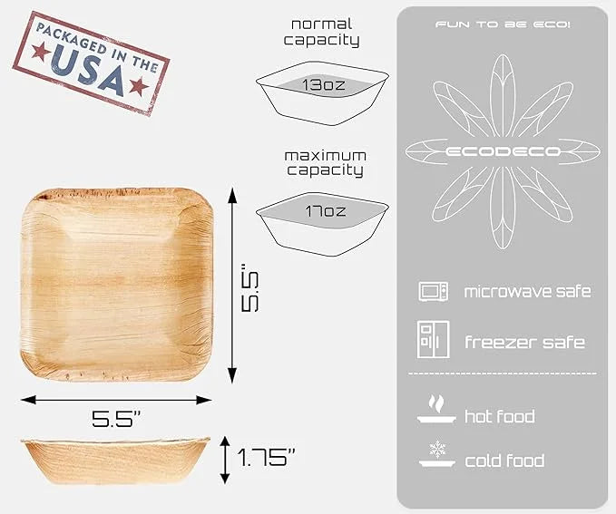 5-Inch Palm Leaf Square Bowls – 50-Pack Eco-Friendly Disposable Party Plates