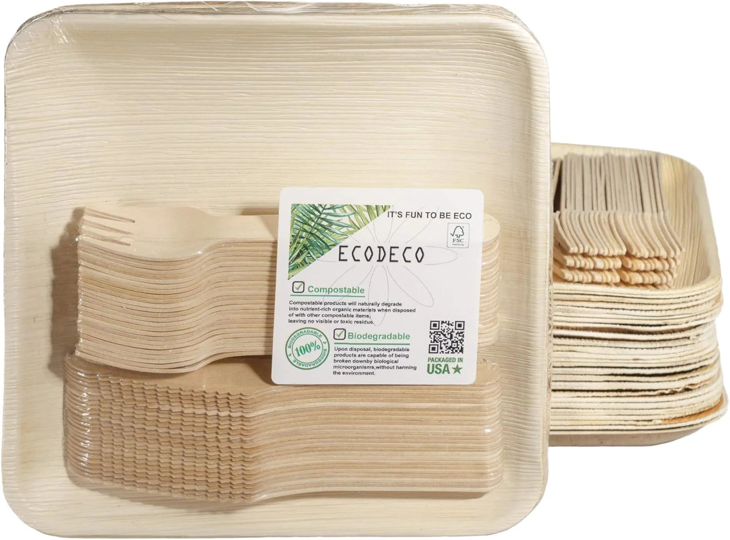 8-Inch Square Palm Leaf Plates with Wooden Cutlery & 5-Inch Bowls – 50-Pack Each Eco-Friendly Disposable Set