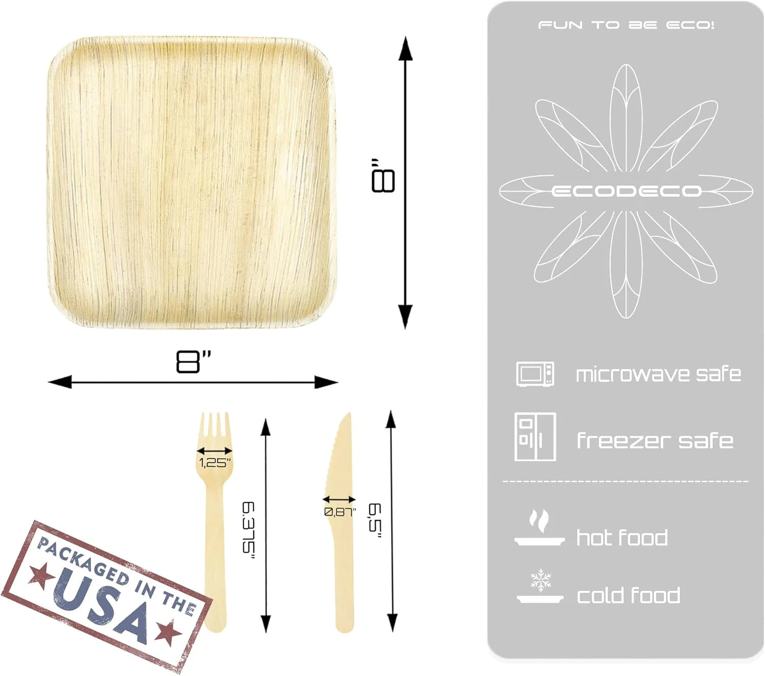 8-Inch Palm Leaf Square Plates with Wooden Cutlery – 50-Pack Eco-Friendly Disposable Party Set
