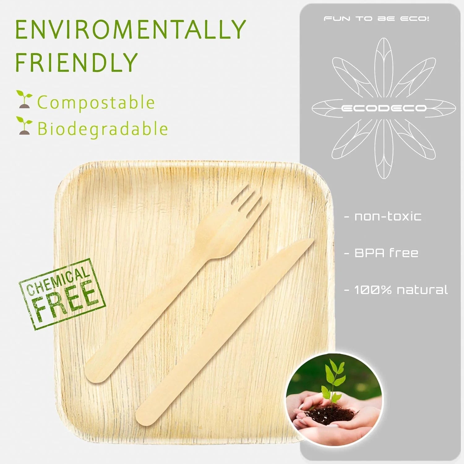 8-Inch Palm Leaf Square Plates with Wooden Cutlery – 50-Pack Eco-Friendly Disposable Party Set