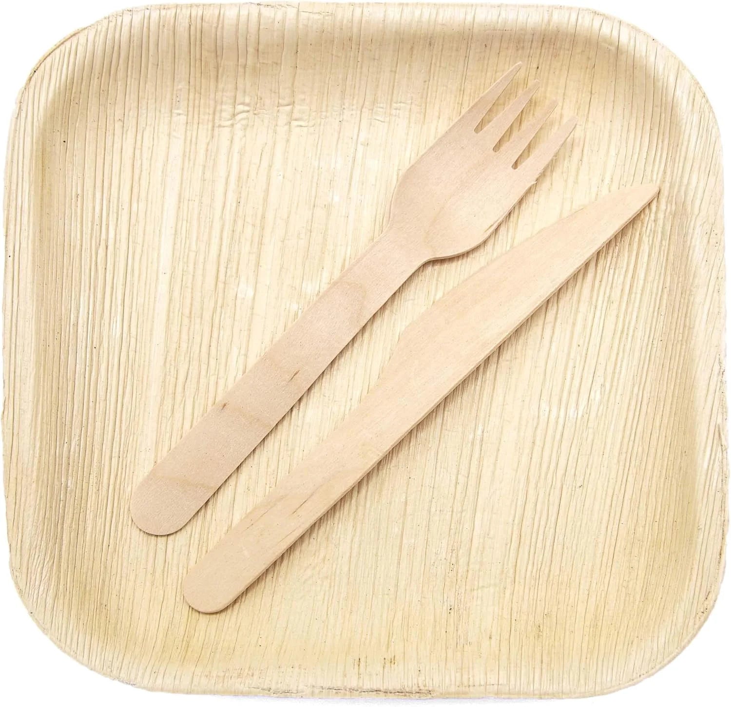 8-Inch Square Palm Leaf Plates with Wooden Cutlery & 5-Inch Bowls – 50-Pack Each Eco-Friendly Disposable Set