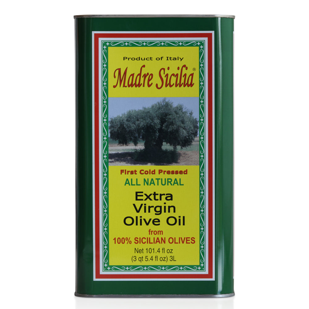 Can of Madre Sicilia Extra Virgin Olive Oil with green and yellow label on a white background