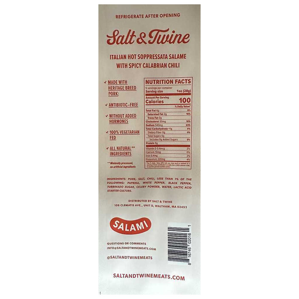 Salt & Twine Hot Calabrian Salami – Spicy Italian Style, 5 oz