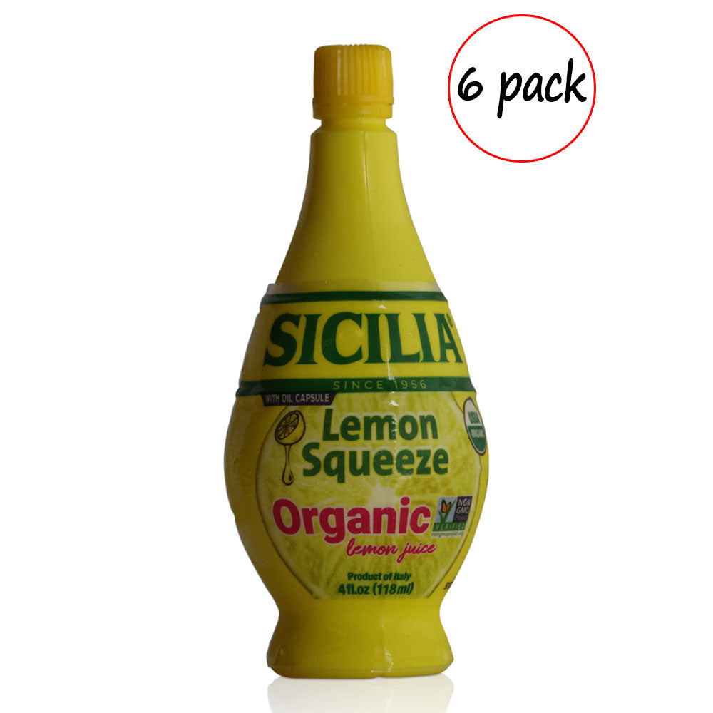 Yellow bottle of Sicilia Lemon Squeeze Organic lemon juice with a '6 pack' label.