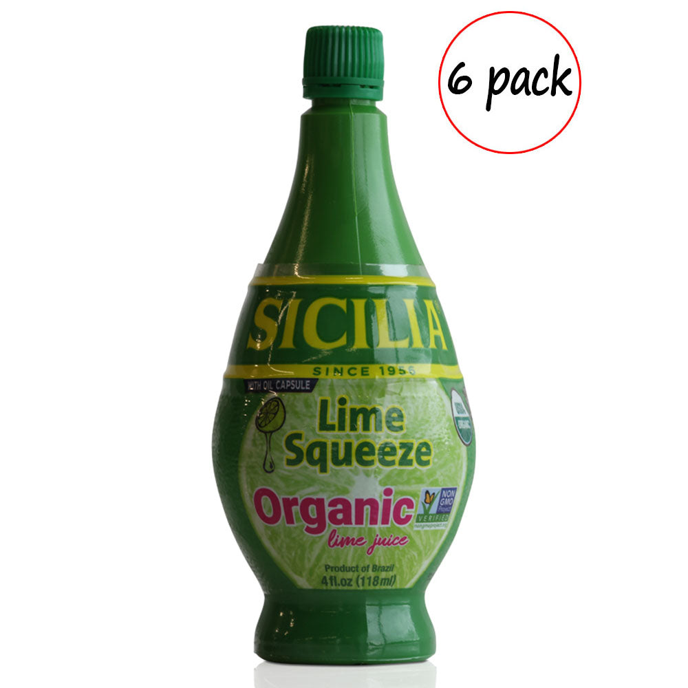 Green bottle of Sicilia Lime Squeeze Organic lime juice on a white background with '6 pack' text.