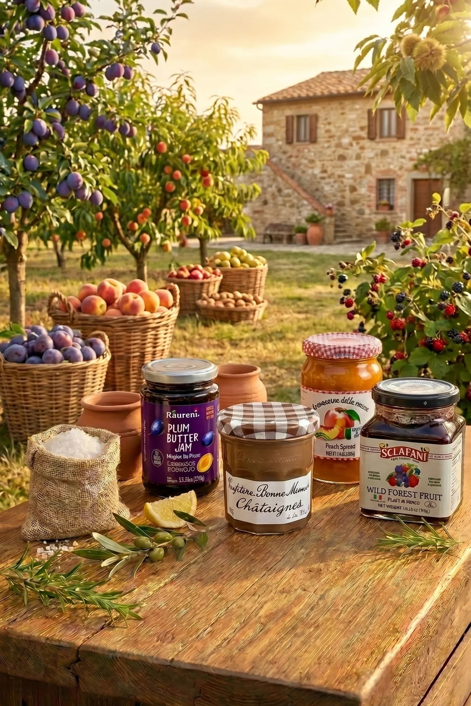 Jars of jam and preserves on a wooden table with a rustic outdoor setting.