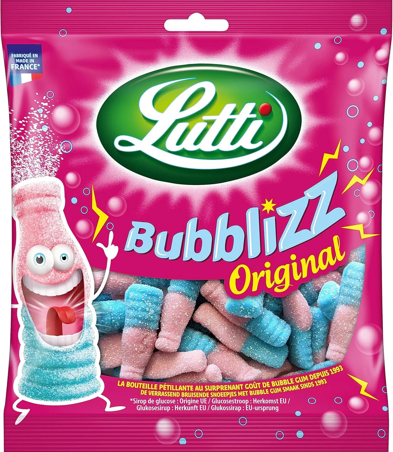 Lutti Bubblizz Original – French Bubblegum Fizzy Candy, 4.2 oz Bag