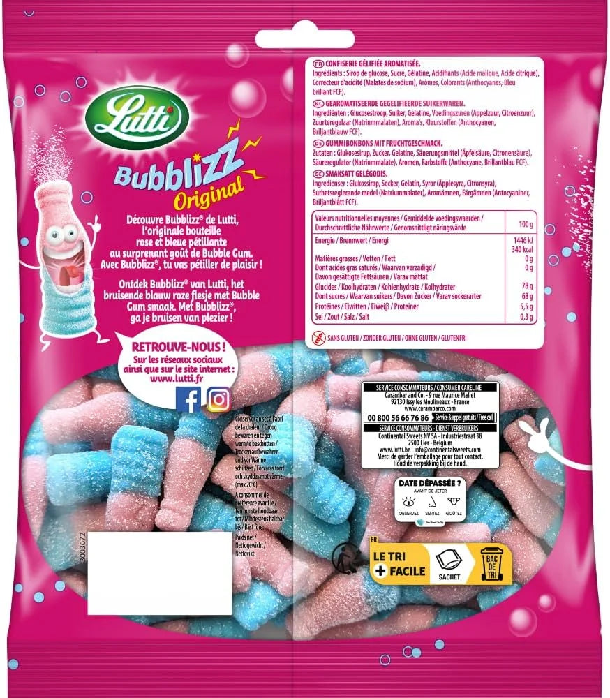 Lutti Bubblizz Original – French Bubblegum Fizzy Candy, 4.2 oz Bag