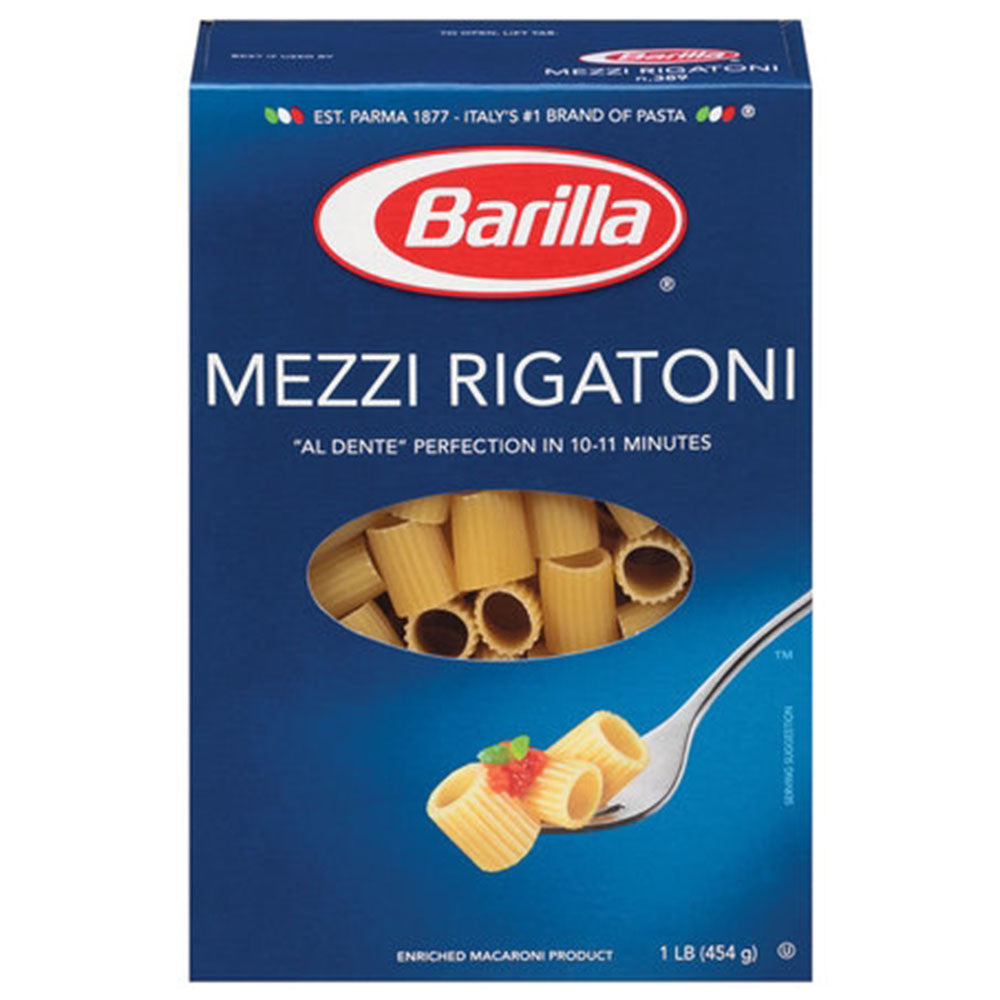 Barilla Mezzi Rigatoni Pasta - 1 LB Box (16 OZ) - Shorter Ridged Tubes
