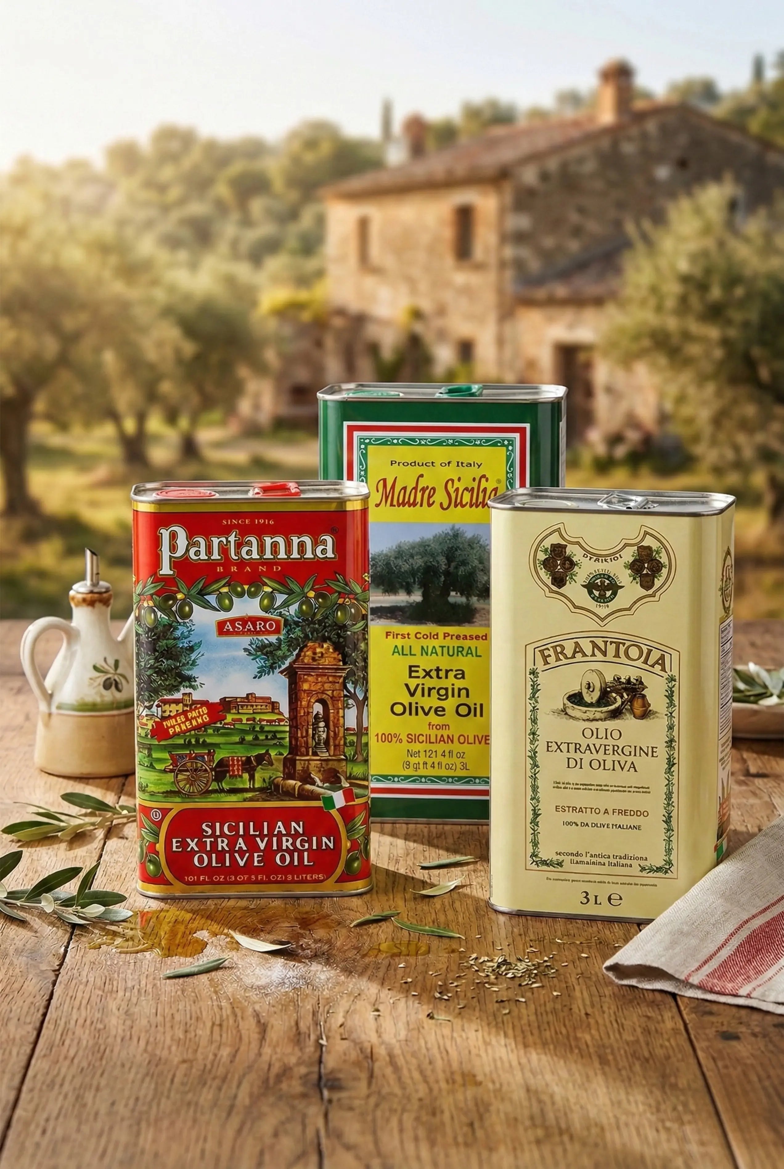 Can of Madre Sicilia Extra Virgin Olive Oil with green and yellow label on a white background