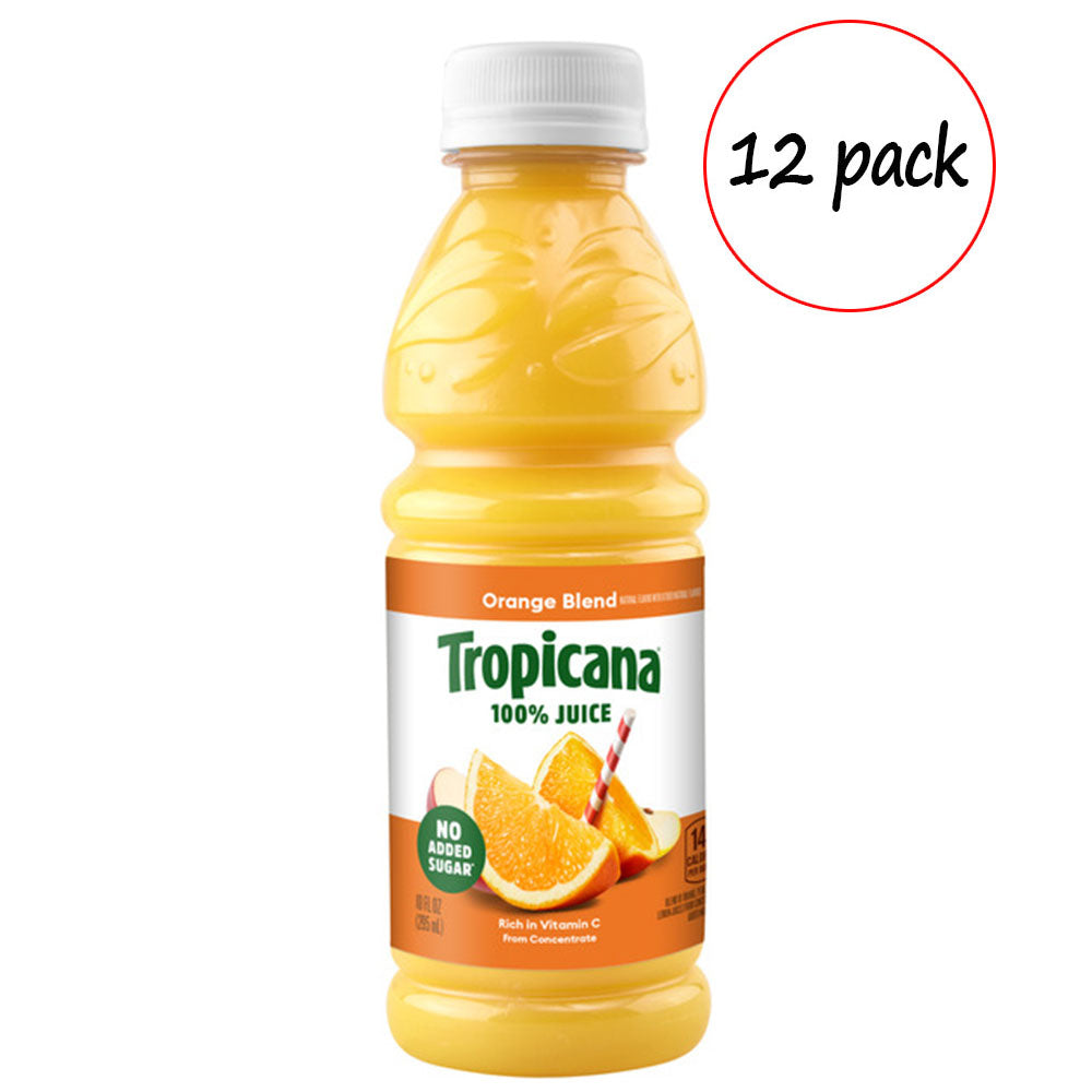 Tropicana orange juice bottle with a '12 pack' label on a white background