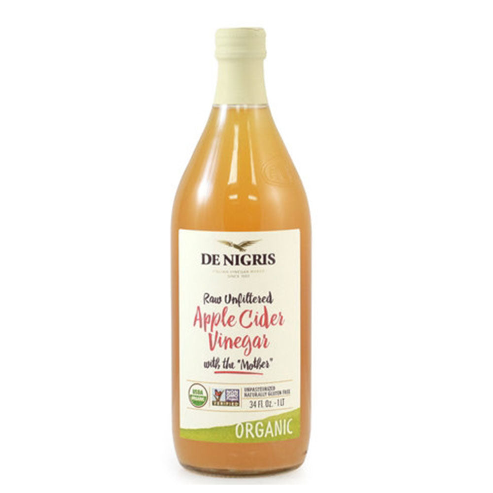 Bottle of Denigris Raw Unfiltered Apple Cider Vinegar on a white background