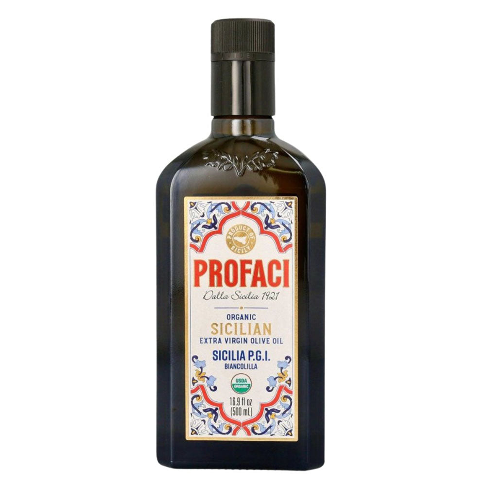 Bottle of Profaci Sicilian olive oil on a white background
