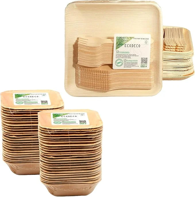 8-Inch Square Palm Leaf Plates with Wooden Cutlery & 5-Inch Bowls – 50-Pack Each Eco-Friendly Disposable Set