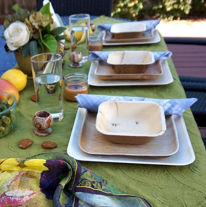 8-Inch Square Palm Leaf Plates with Wooden Cutlery & 5-Inch Bowls – 50-Pack Each Eco-Friendly Disposable Set