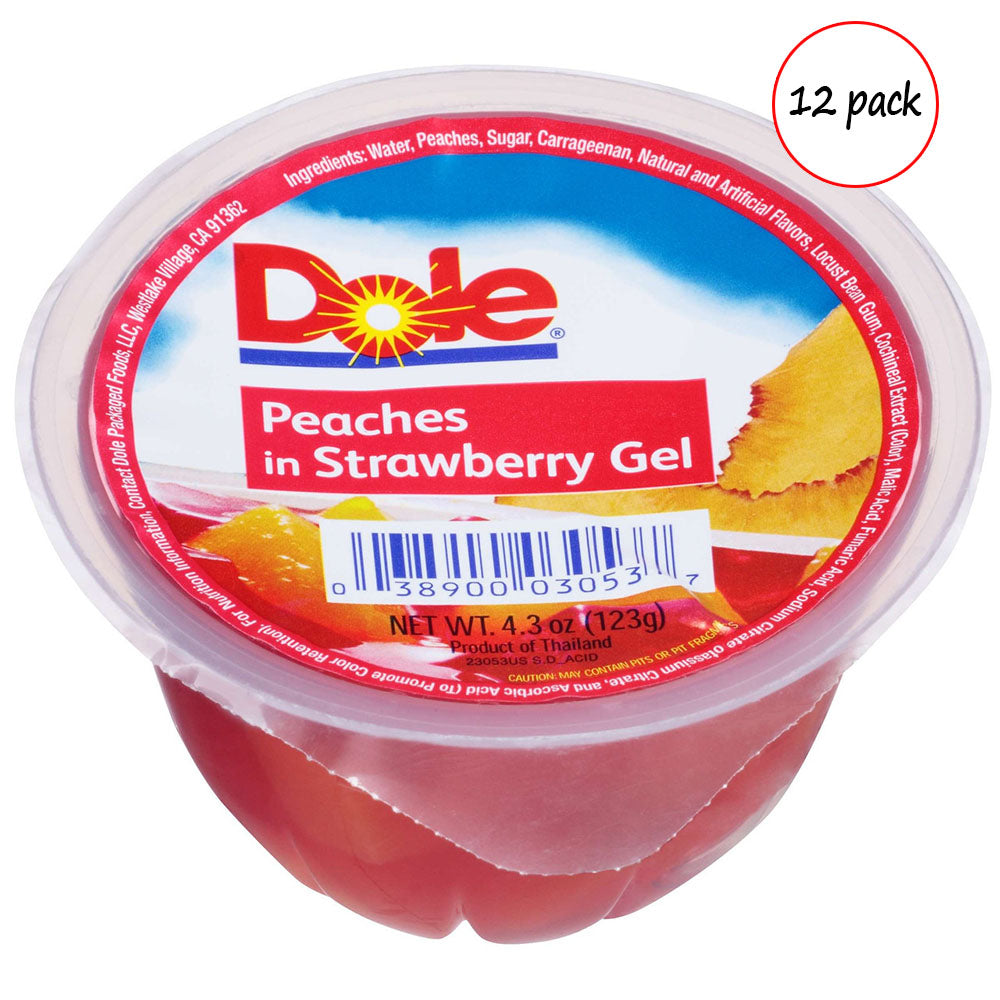 Dole peaches in strawberry gel container with '12 pack' label on a white background