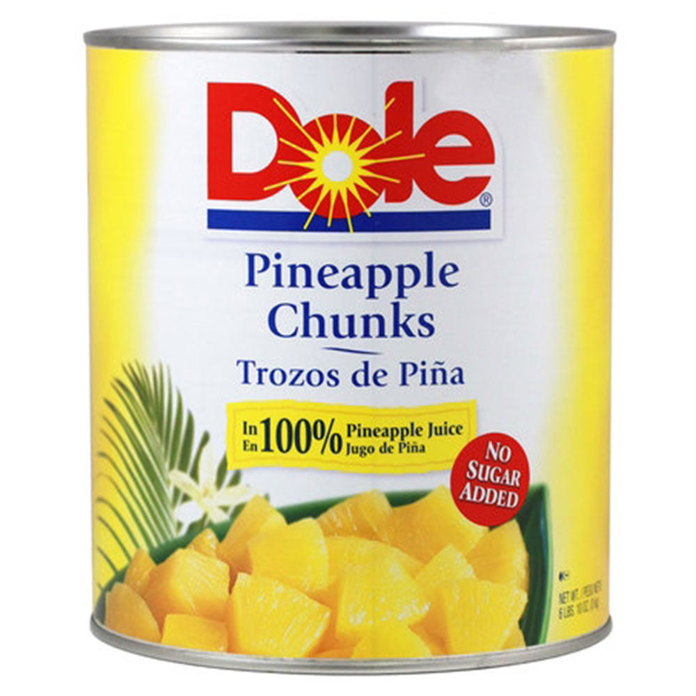 Can of Dole Pineapple Chunks with a yellow label and pineapple graphics.