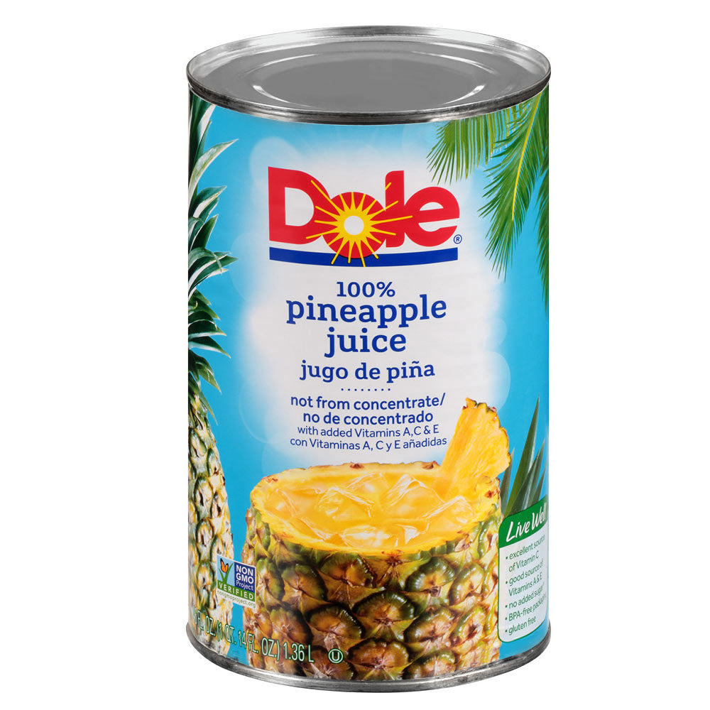 Can of Dole 100% pineapple juice with a pineapple on the label.