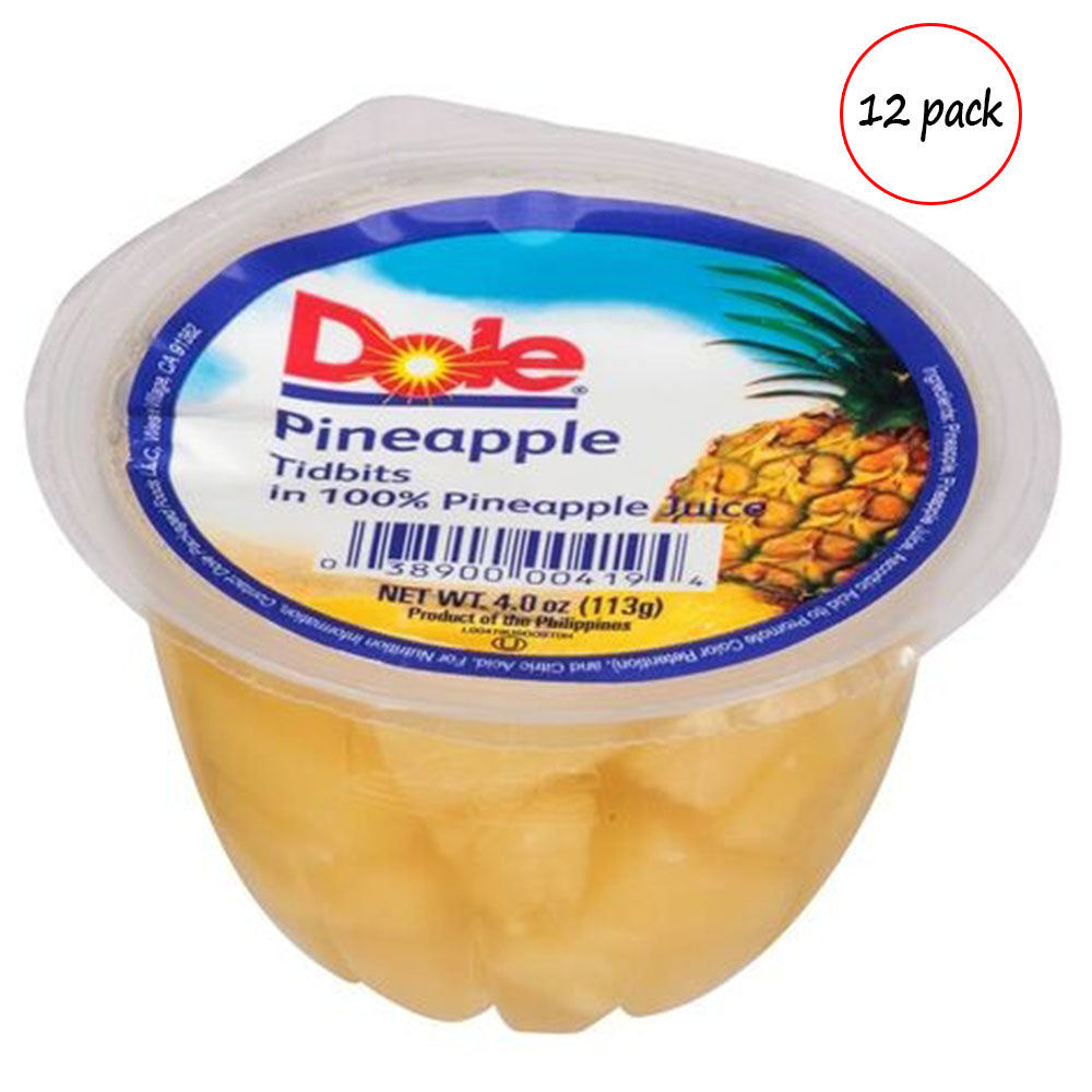 Dole pineapple tidbits container with label on a white background