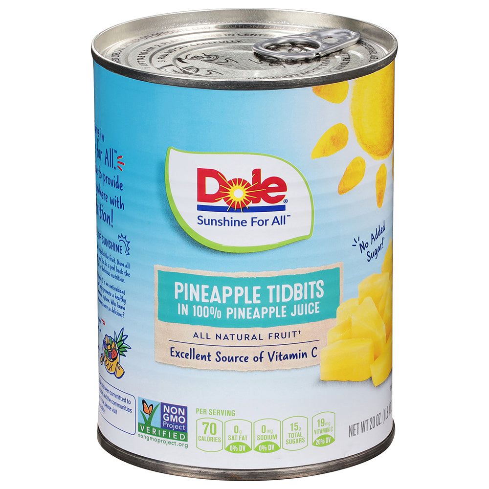 Can of Dole pineapple tidbits on a white background