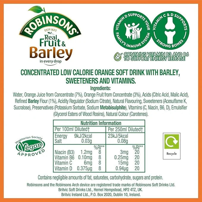 Robinsons Orange Barley Water Drink – 28.74 fl oz (850ml) Bottle