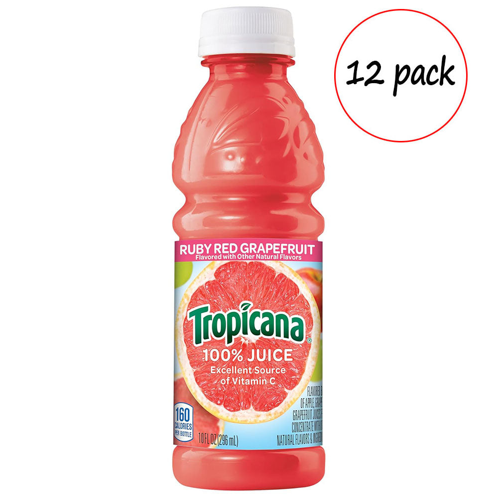 Tropicana Ruby Red Grapefruit juice bottle with a 12-pack label on a white background